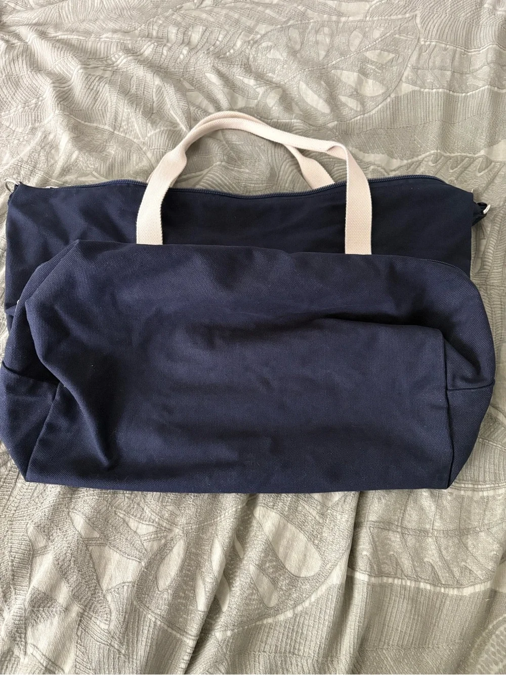 Lo & Sons Navy Duffel Tote with Cream Handles